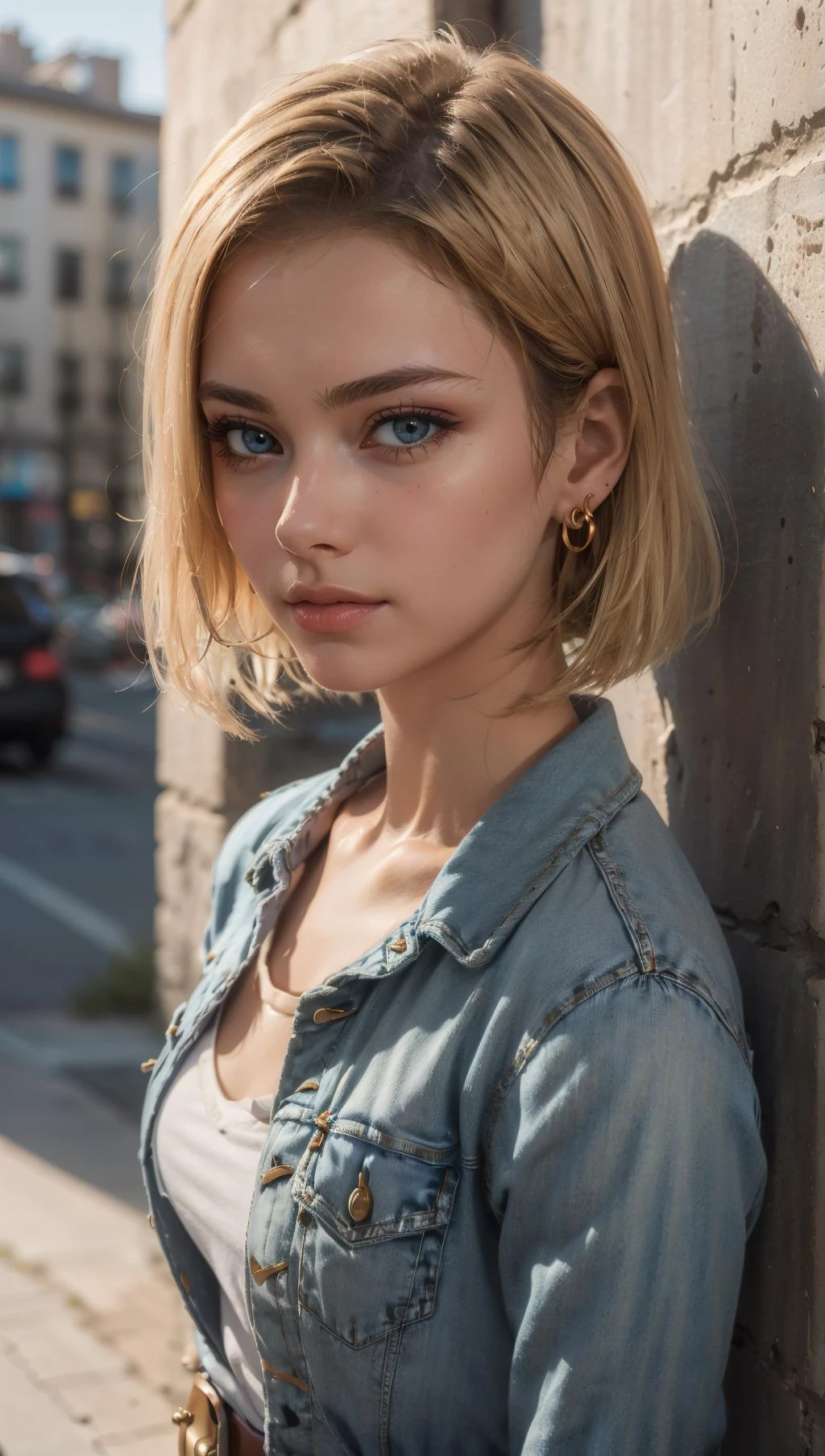 (masterpiece, best quality), ,android18, earrings, denim, belt upper body, focus face, perfect face,