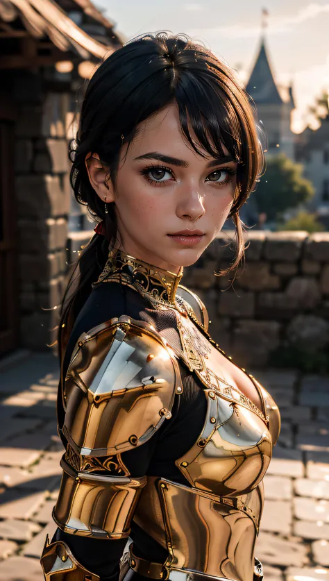 Portrait of a girl, the most beautiful in the world, (medieval gold armor), metal reflections, upper body, outdoors, intense sun...