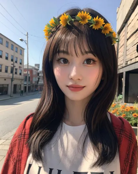 momo, 1girl, a young woman, (upper body:1.2), (looking at viewer:1.3), (schoolgirl jacket), (flower crown), (beautiful city, beautiful sky background), natural skin color, (closed mouth:1.2), (medium breast), floating hair, beautiful expression, face detai...