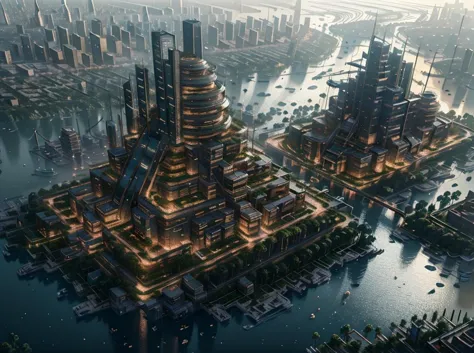 a rendering of a futuristic city with a river running through it