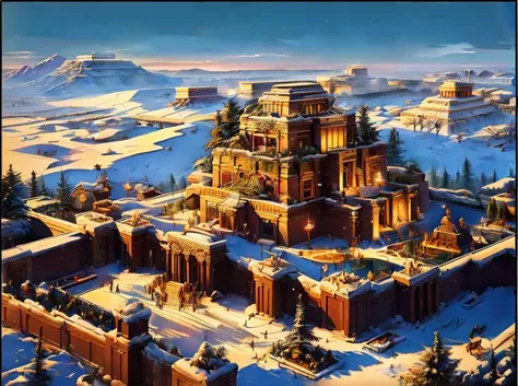 painting of a large building in the middle of a snowy landscape