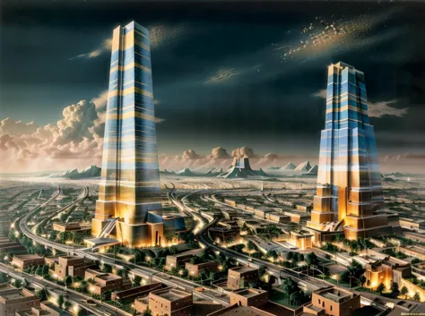 a rendering of a city with two tall buildings and a sky background