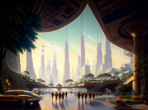 futuristic city scene with people walking in the rain and cars