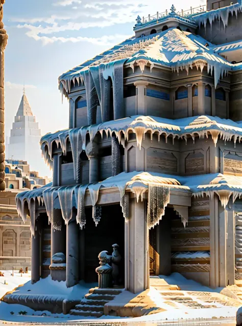 snowy scene of a castle with icicles on the roof and a fountain