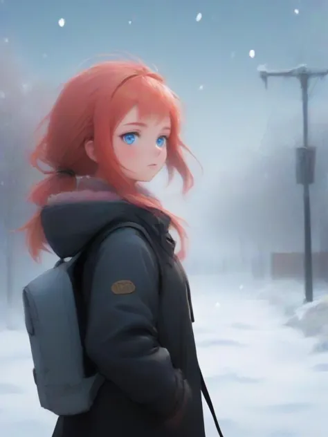 a woman with red hair and a backpack walking through the snow