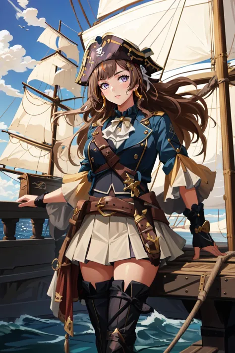 (masterpiece, best quality),  intricate details,
1girl,  <lora:KitsuneAi-AnyaMelfissa-LoCon32V1-000011:0.8> long hair, brown hair, purple eyes,  anya melfissa, 
 <lora:Pirate:0.8> watercraft, ship, PrateT, 1girl pirate  outfit, pirate ship, mast, sails, railings, ropes,