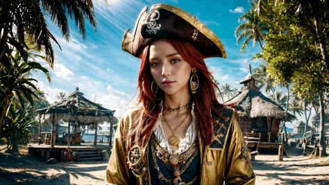 (young redhead pirate woman), (portrait), sharp focus, (ultradetailed), (standing), (happy) smile, pirate (ship galleon:1.2,  hoop earrings, gold medallion, Pastel Redpirate clothes, pirate hat, hips, (pirate parrot:1.2),  pirate (village), leafy beach coast, (treasure chest with coins, gems and jewels:1.2), rum barrel, best quality masterpiece,  bright sunny sky, backlight, natural lights, high contrast, hdr, shadows, pretty, beautiful, feminine, sexy, adorable, lovely, in love, (PirateDiffusionprt:0.5),  <lora:Pirate:0.3>  PrateT  <lora:PirateRealms:0.3> <lora:Detail Tweaker LoRA add_detail:0.8> <lora:depth_of_field_slider_v1:5> <lora:SDXLrender_v2.0:0.9>