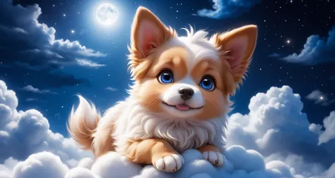 ((perfect face)), ((best quality)),UHD, 4k, Wallpaper,	high quality photography, portrait of cute dog on cloud ADDCOMM
night sky...