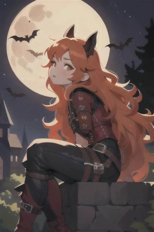 (best quality, masterpiece:1.1),   full body, sideview,  (facing up:1.2), looking up, (1female), benevolent face, orange hair, very long hair, wavy hair,        rogue, corset shirt, (red leather pants:1.1), (straps buckles:1.2), armor, ( Dreamlike Nightscape, Gothic Castle Under Full Moon, Dark Bara Tree, Bats Flying Above, Sitting On The Top Castle Wall, (fantasy, medieval, ancient)),