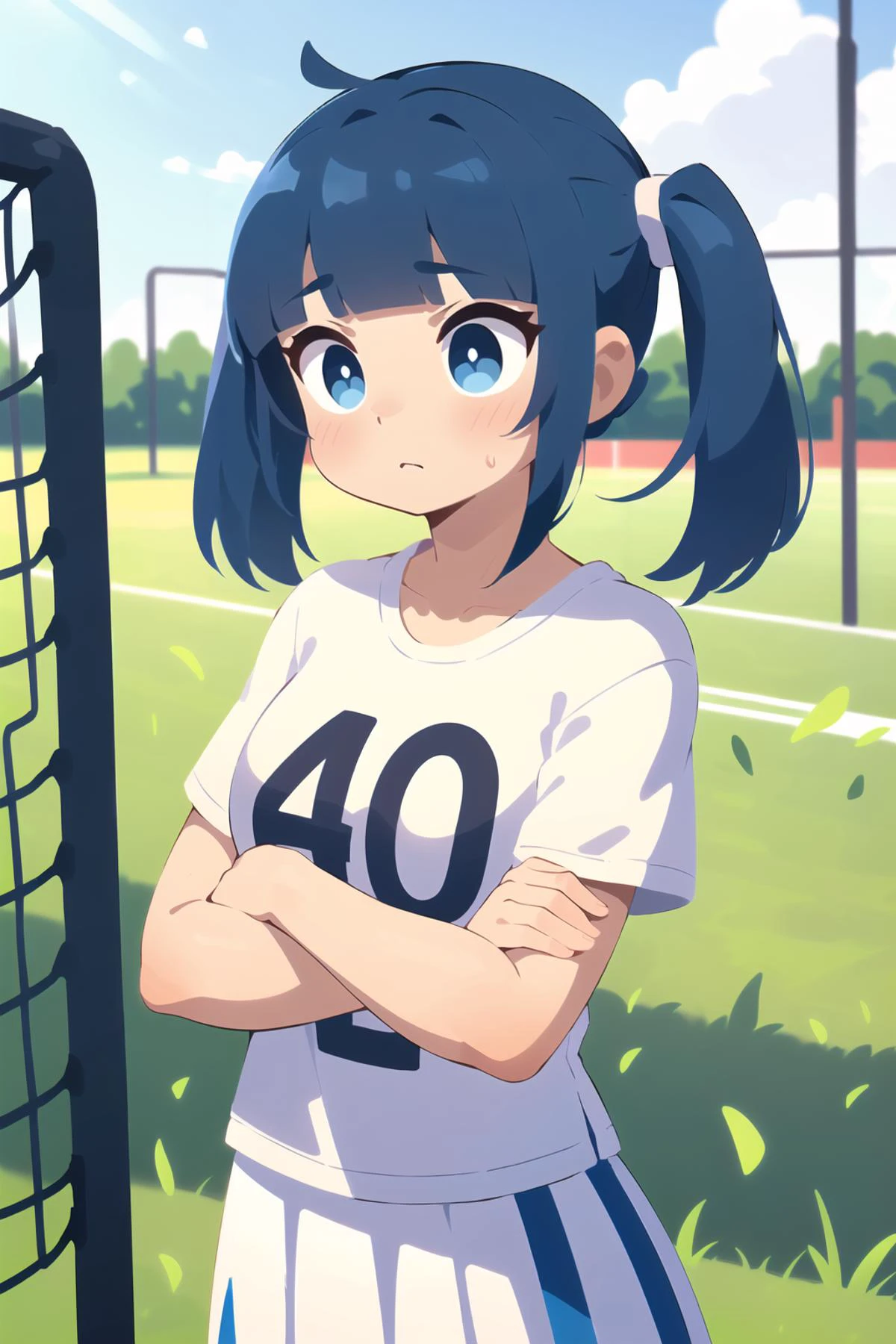 (best quality, masterpiece:1.1),   upper body,     (1female), confused face, blue hair, medium hair, blunt bangs,   uneven twintails,     casual fashion, (young fashion), (t-shirts), (long white skirt), ( grass, Goal post, soccer, daylight, outdoor soccer field, a large soccer field),