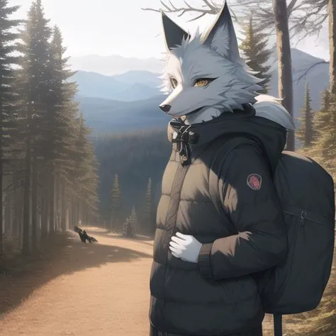 furry, fursona, anthro, wolf male, anthropomorphic, clothed, puffy jacket, backpack, (subject on the left), (background is fores...