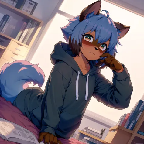 ram furry, fursona, anthro, anthropomorphic, (studying at a desk), hoodie, sweatpants, (setting is a colorful bedroom) <lora:mic...