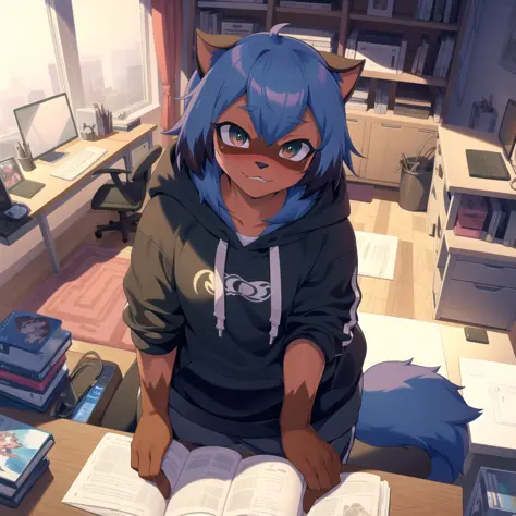 ram furry, fursona, anthro, anthropomorphic, (studying at a desk), hoodie, sweatpants, (setting is a colorful bedroom) <lora:mic...