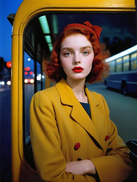 arafed woman in yellow coat sitting in bus window with red hair