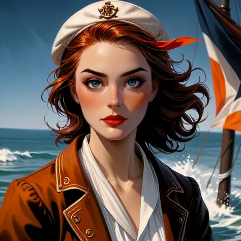 a close up of a woman in a sailor's outfit on a boat