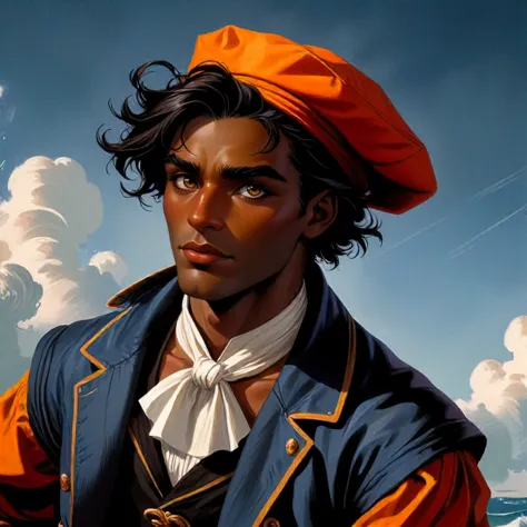 digital painting, dark-skinned male, 16th-century-sailor,  fantasy, woolen-cap, portrait, canvas-pants, jerkin, doublet, , medium shot,   fixl-art  ,  barnum-melancholy,   <lora:npcportrait_v2:1> npcp