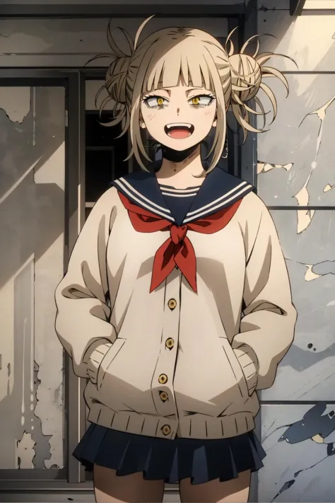 himikotoganova, (1girl, solo), (perfect eyes), blonde hair, double bun, messy hair, bangs, yellow eyes, serafuku, bags under eyes, smile, open mouth, blue skirt, long sleeves, looking at viewer, hands in pockets, red neckerchief, 