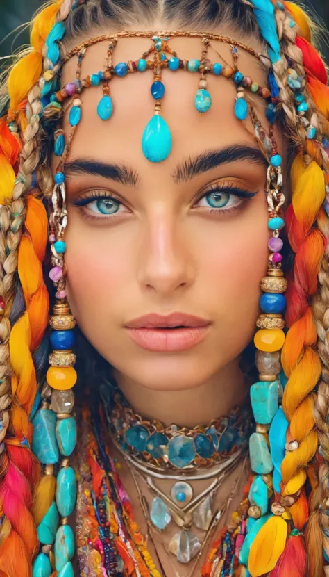 a woman with colorful hair and jewelry looks into the camera