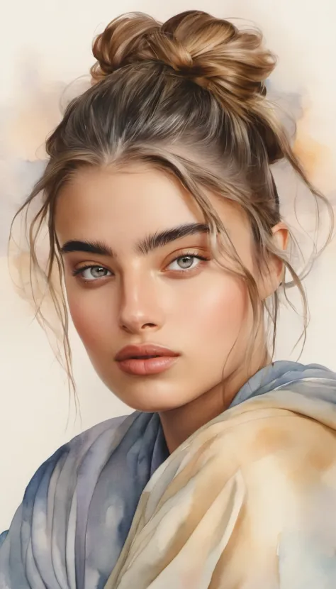 a painting of a woman with a messy bun in her hair