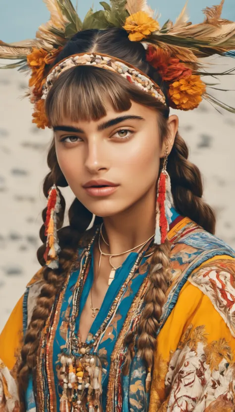 a woman with long hair wearing a headdress and feathers