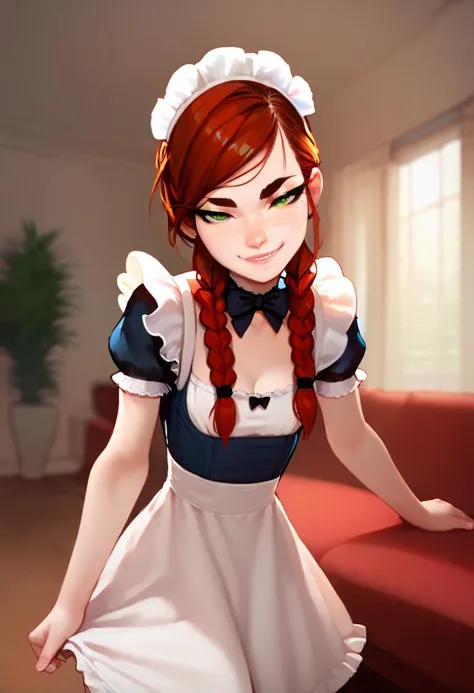 (score_9, score_8_up:1.1), score_7_up, (super skinny:1.2), auburn hair, braids, half-lidded eyes, thick eyebrows, mouth slightly open, smirk, freckles green eyes, maid dress, living room, looking at viewer