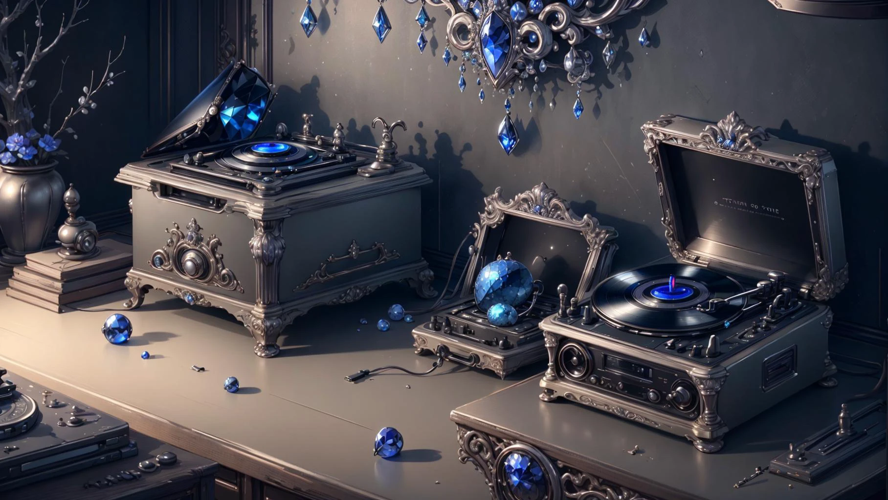 SilverSapphireAI, record player, detailed, intricate, cluttered environment