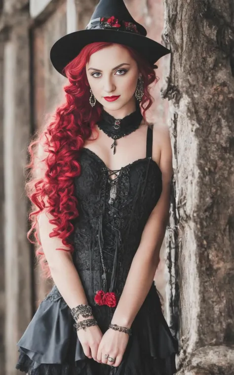 a beautiful photograph of Luna, red corset,chocker,(gothic style skirt red see through),((impish)),standing,(((gothic_boots))),(...