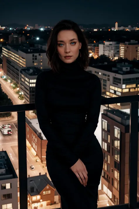 <lora:mondongo_LoRA_JosefinAsplund:1> mndngwmn, eyeliner, wearing a turtleneck bodycon dress, on a balcony at night with city on...