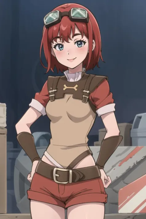 ((masterpiece,best quality)), absurdres,
<lora:ShopGirl_VRMMO_Katsudouki_Anime:0.8>, ShopGirl_VRMMO_Katsudouki, shorts, red shorts, shirt, short sleeves, 
blushing, hands on hips, contrapposto, 
solo, smiling, looking at viewer, cowboy shot, , 
cinematic composition,