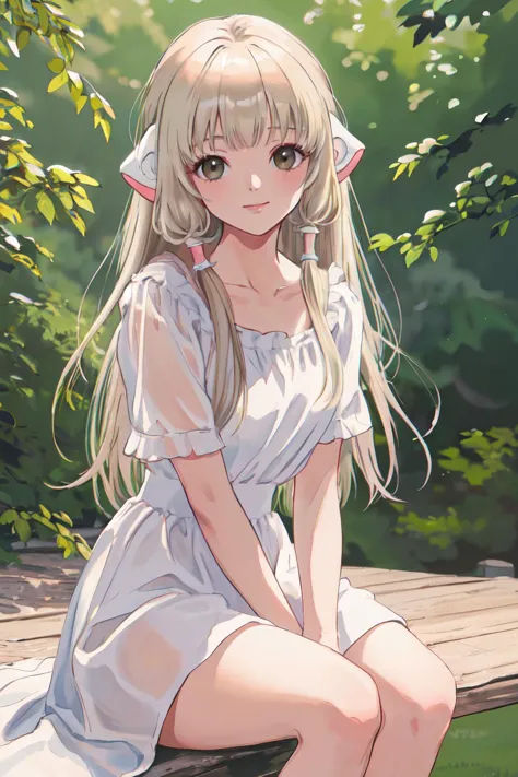 anime girl sitting on a bench in a park with a cat ear