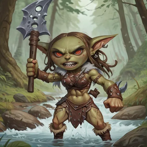 cartoon style image of a cute female path_goblin barbarian,long braided hair, big eyes, leather bikini armor, abs,muscular, huge two handed axe, powerful, intricate detailed, fantasy,  brutal, fight, berserk, rage, anger, on a in a forest clearing, next to a river,<lora:Path_goblin:1>