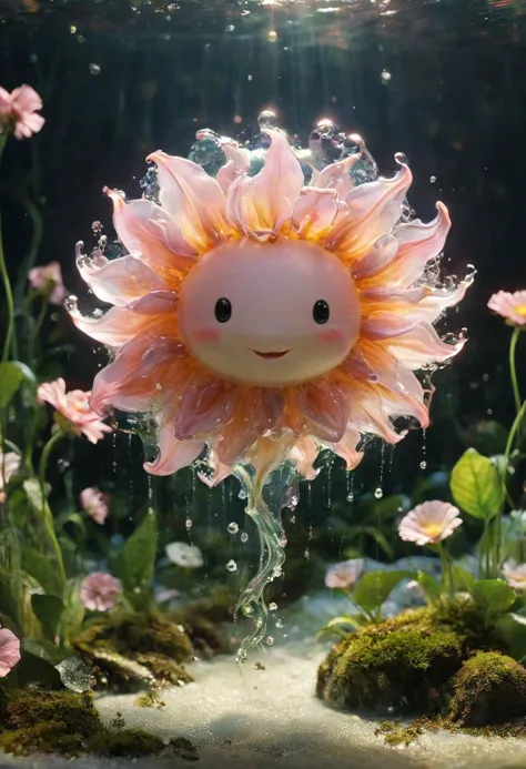 Envision a whimsical fantasy world where a colossal, cute, blushed, and irresistibly translucent transparent ethereal very flowe...