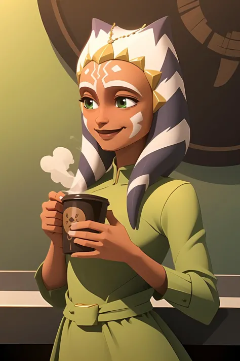 (masterpiece), (best quality), ahsoka tano, teen, green dress, coffee in hands, small smile