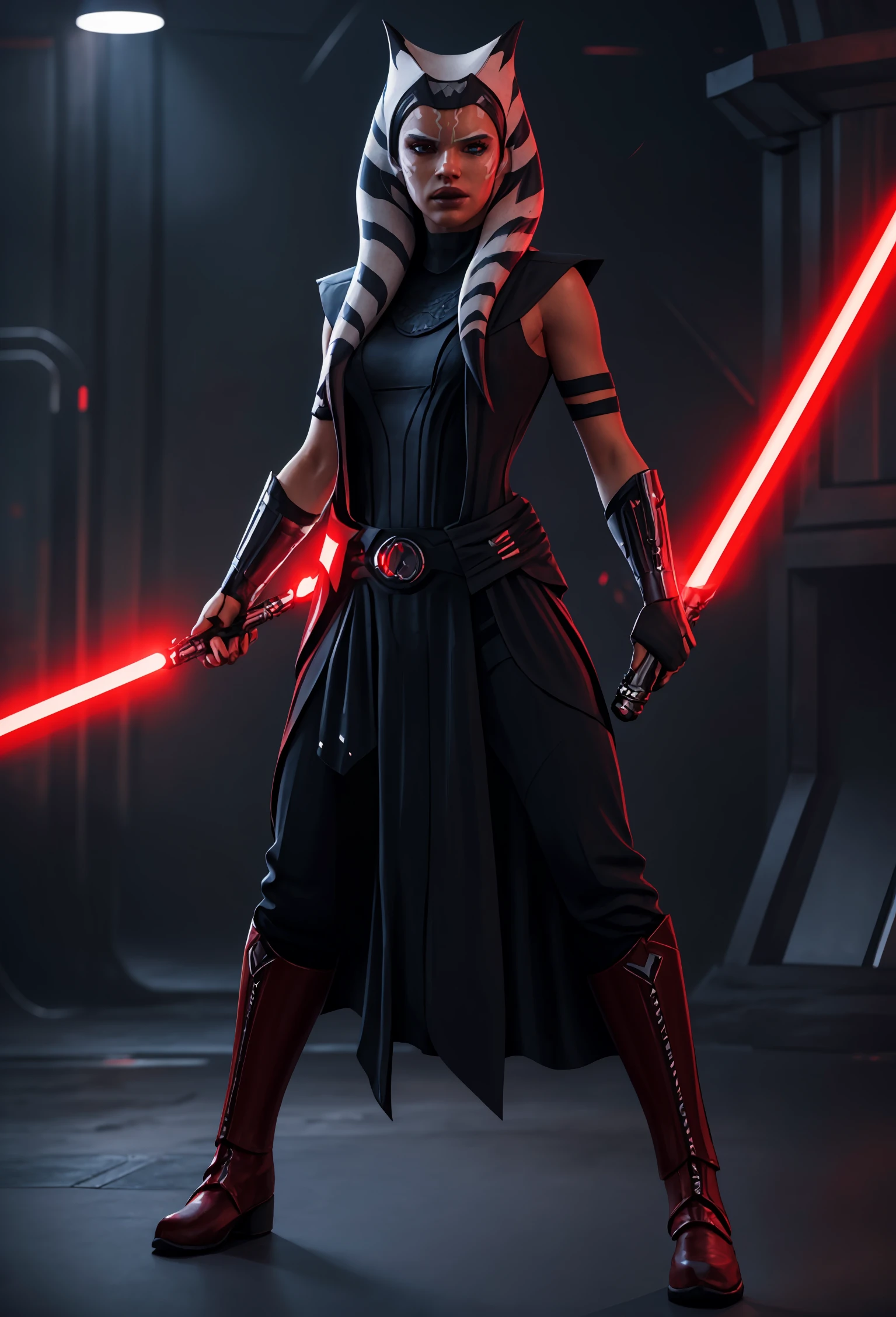 photorealistic, octane render, best quality, sharp focus, 8k, 4k, Masterpiece, Best Quality, realistic skin texture, extremely detailed, intricate, hyper detailed, illustration, soft lighting, high resolution, sharp detail,  ahsoka tano, young, dark_ahsoka, sith, full body, evil, red lightsaber