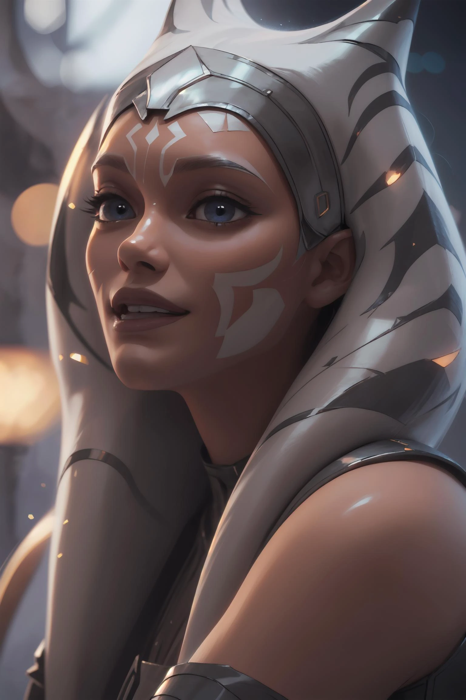 photorealistic, octane render, best quality, sharp focus, 8k, 4k, Masterpiece, Best Quality, realistic skin texture, extremely detailed, intricate, hyper detailed, illustration, soft lighting, high resolution, sharp detail, ahsoka tano, adult, fulcrum clothes, happy face, full body