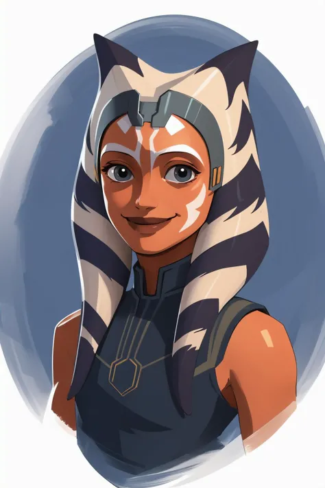 (masterpiece), (best quality), ahsoka tano, young, mandalorian armor, small smile, half body