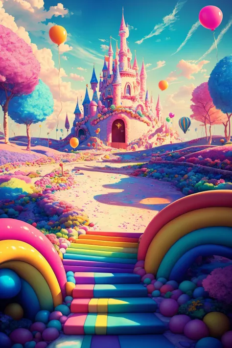 (Masterpiece, best quality:1.3), highly detailed, 8k, <lora:Candyland-10:0.85>, full background, candyland, ice cream, fantasy, rainbow, road, water, balloon, no humans, sharp focus, (depth of field), colorful, (scenery), tree, sky, ((shiny:1.2)), shadow, natural lighting, sparkle, [shimmer:0.2], cake, candy, dynamic view, fantastic, (details:1.2), extremely detailed background, atmosphere, bloom:0.4,  pastel colors, stairs, <lora:epiNoiseoffset_v2:0.15>, cinematic