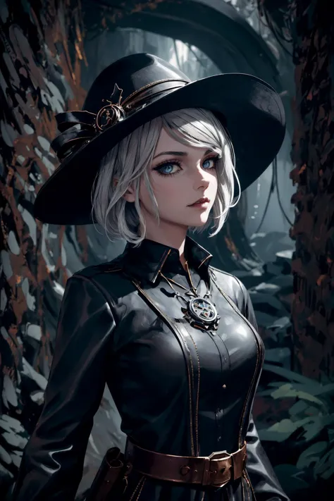 (Gothic style, Dark, mysterious, haunting, dramatic, ornate, detailed,:1.1)
maximum details, cinematic, abstract art,   deep shadow, <lora:add_detail:0.5>, <lora:epi_noiseoffset2:0.5>,
1 girl, adult (elven:0.7) woman,  purple eyes, platinum blonde razor cut hair, 
portrait, solo, upper body, detailed background, detailed face, (bioshock infinite theme:1.1), explorer, running,  focused, worn-out leather clothes, shirt, wide brim hat, amulet, belt, rope,  cliff edge background, vines, torchlight,   foreboding atmosphere,
<lora:_rL2170:0.4>,