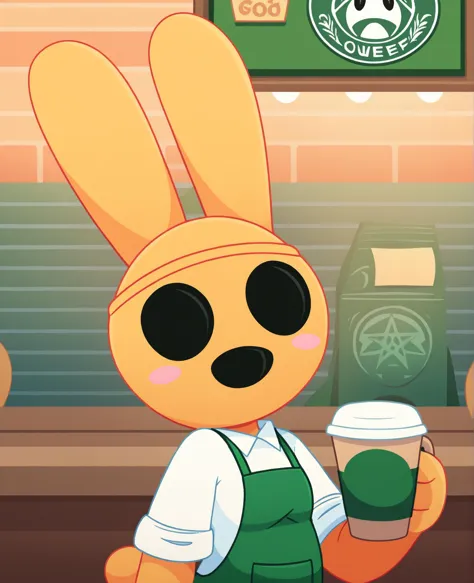 cartoon rabbit holding a cup of coffee in a starbucks shop