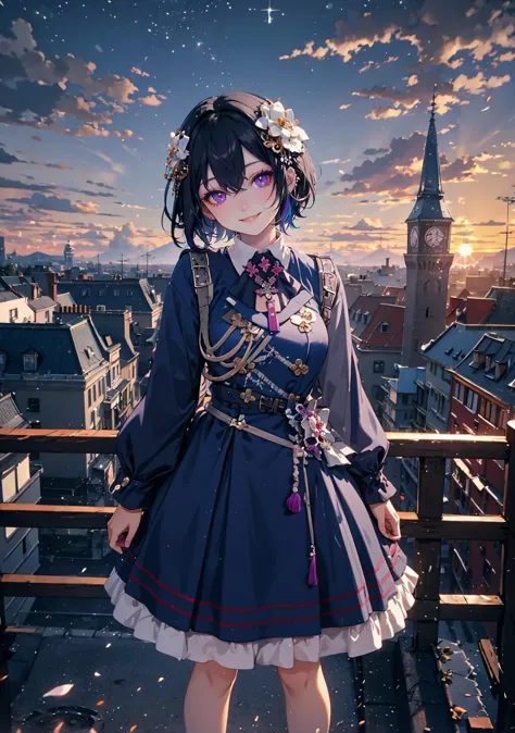 anime girl in a blue dress standing on a balcony overlooking a city