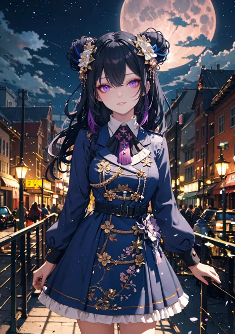 (masterpiece,best quality:1), high resolution, Front face lighting
1girl, full body, little body, cute woman, highlight, fantasy scenery,
winking,
shiny skin, shiny hair, large breasts,
ichinose uruha. purple eyes, multicolored hair,  black hair, blue hair, streaked hair, piercing, 
ccuruha, long hair, multicolored hair, double bun, hair flower, hair ornament, neck ribbon, multicolored dress, grey dress, long sleeves, frills, tassel
outdoors, fantasy, scenery, sky, cloud, starry sky, moon, night, fantasy, night sky, city, building, cloudy sky, cityscape, sunset, tower, shooting_star, magic circle,
 <lora:ichinose_uruha_v1:0.7>
<lora:light powder:0.7>