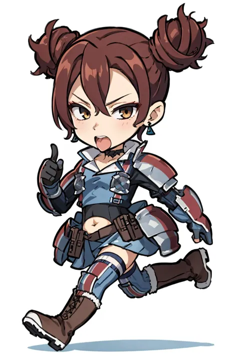 (masterpiece, best quality:1.2), 1girl, full body, running, shouting, pointing, <lora:RosieVC:0.9> defRos, double bun, black choker, earrings, blue shirt, blue skirt, armor, chest guard, gloves, navel, thighhighs, boots, <lora:DarkCabalChibiStyle:1> chibi, white background, simple background