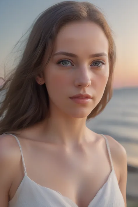 a woman in a white dress standing on a beach next to the ocean