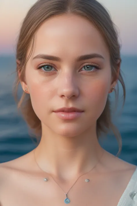 a woman with a necklace and earrings standing in front of the ocean