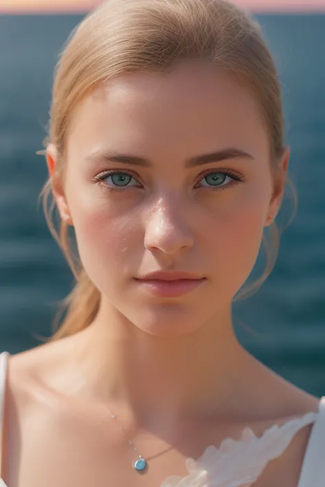 a close up of a woman with a necklace on her neck