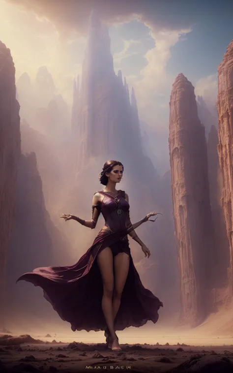 a woman in a purple dress standing in front of a mountain