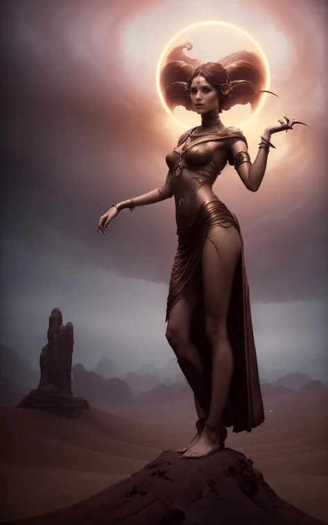 (style of Tom Bagshaw:1.5),  (mythical cinematic establishing shot of gorgeous woman, highly detailed background:1.2), volumetric lighting, subsurface scattering, dynamic pose, (special effects, color grading, fantasy aura), (Desert Djinn:1.4), Amidst swirling sands, miragelike distortion, mysterious aura