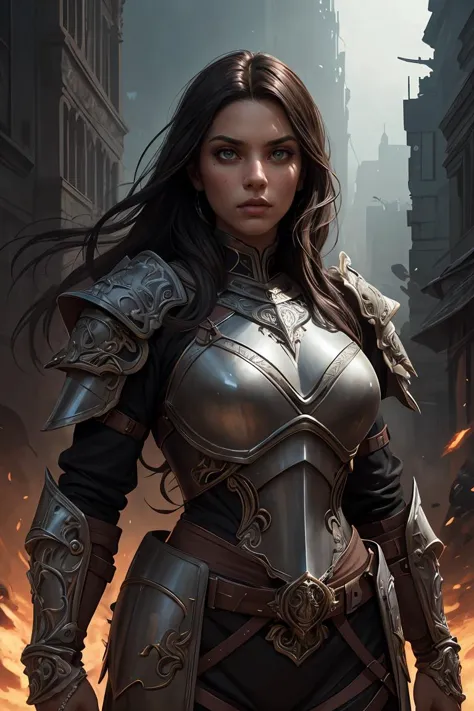 `woman beautiful face warrior wearing heavy iron body armor insanely detailed and intricate , hypermaximalist, elegant, ornate, hyper realistic, super detailed, cinematic light, dark fantasy, ConceptArtWorld, apocalyptic,grouchy, masterpiece,