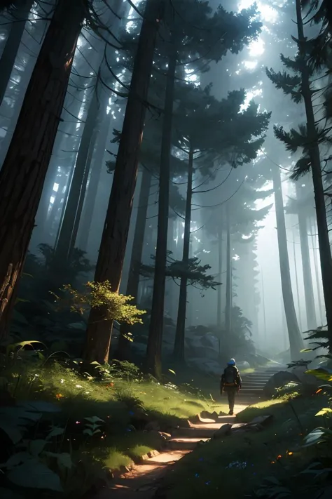 explorer in deep elder growth forest intricately detailed natural volumetric lighting fantasy atmosphere,