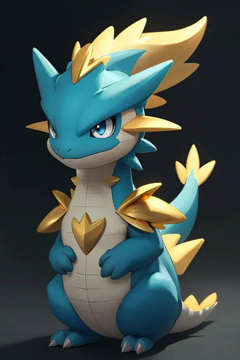 a close up of a blue and white pokemon figure with gold spikes